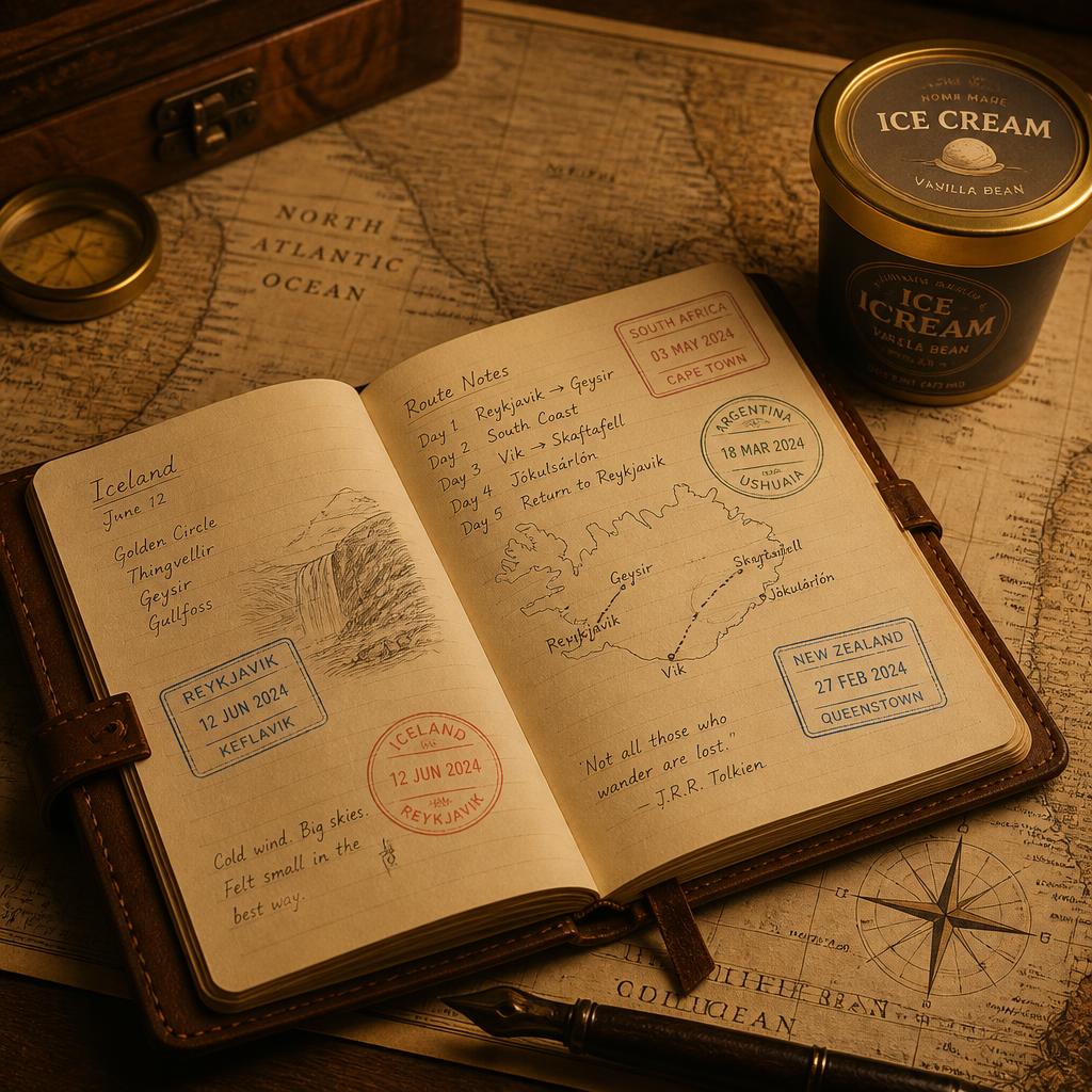 Explorer's leather journal open on a vintage map with stamps and route notes