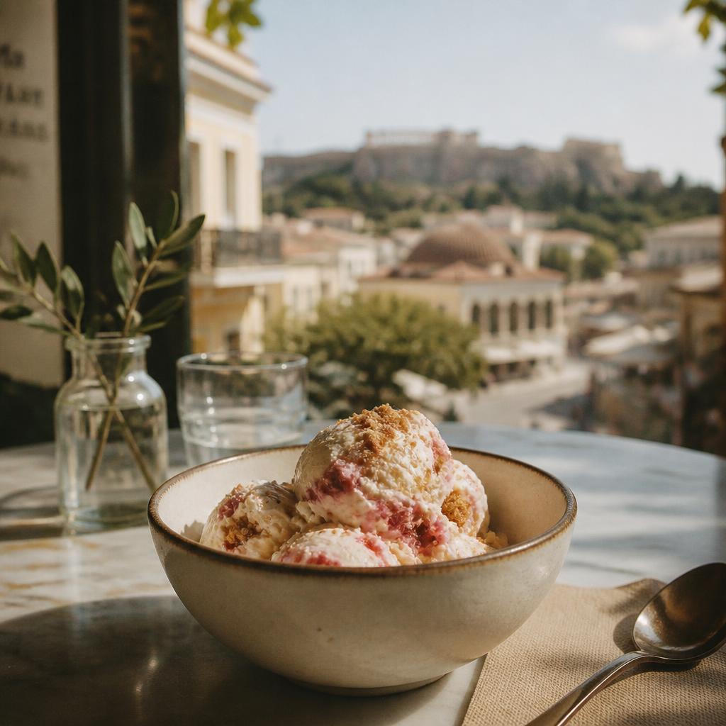 Strawberry cheesecake ice cream on a marble table in an Athens cafe