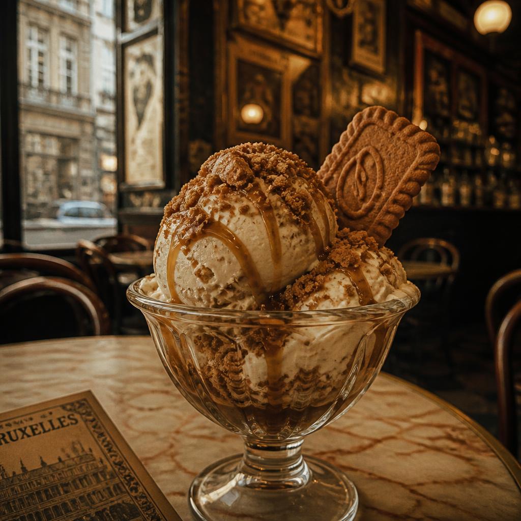 Biscoff cheesecake ice cream with caramel glaze in a Brussels cafe