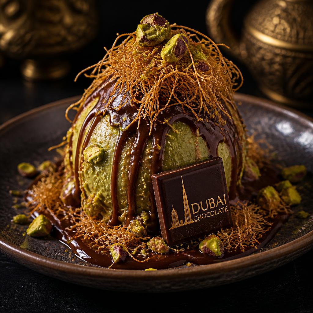 Dubai chocolate dessert with knafeh threads and pistachio