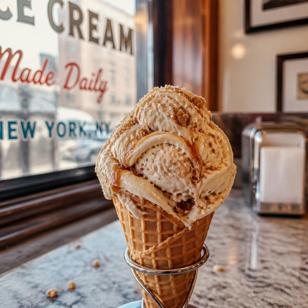 New York cheesecake ice cream with cream swirl in nostalgic diner light